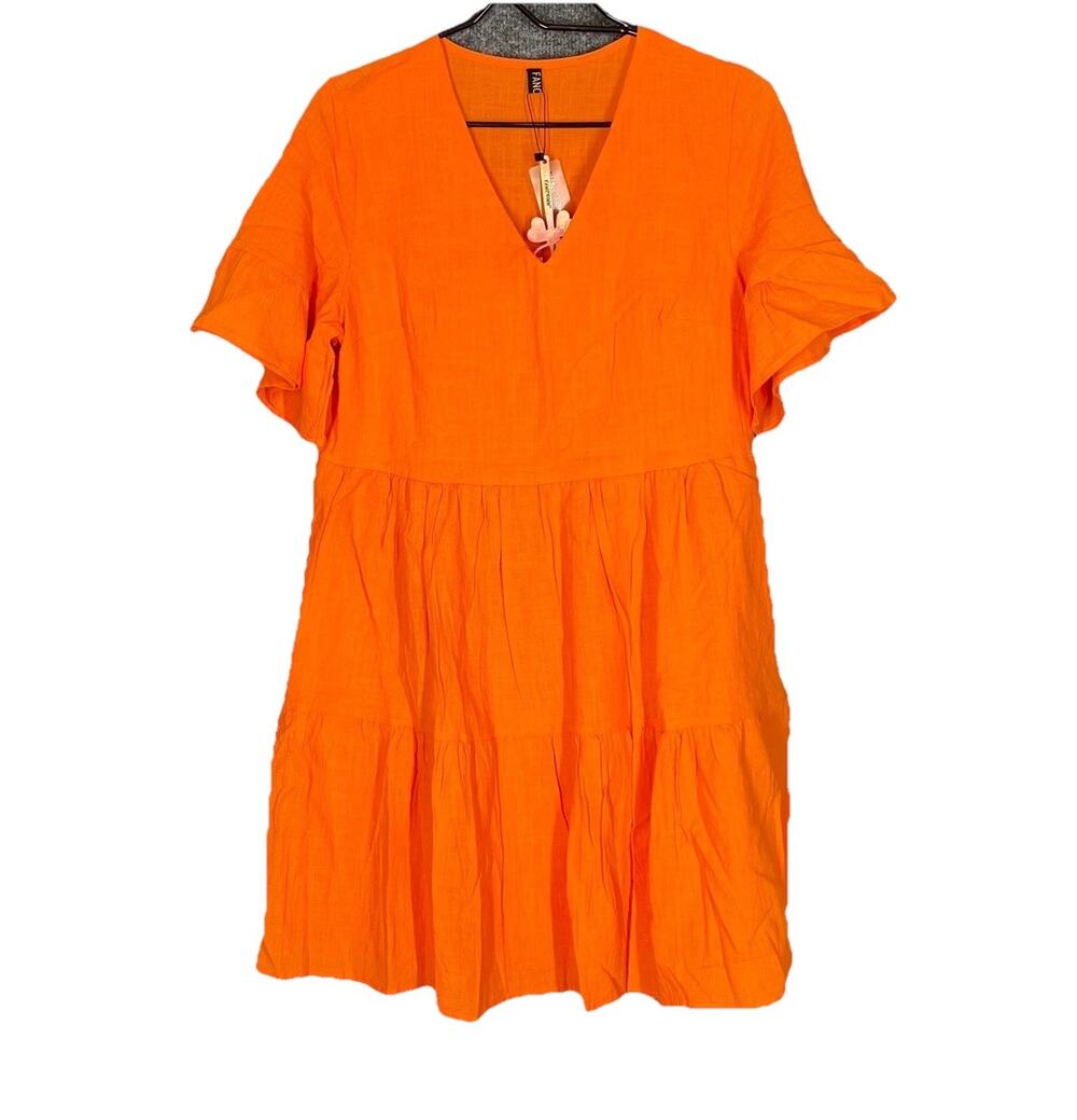 Orange Dress Medium Classic Bell Sleeve Tiered Babydoll Swing Tunic Full Skirt